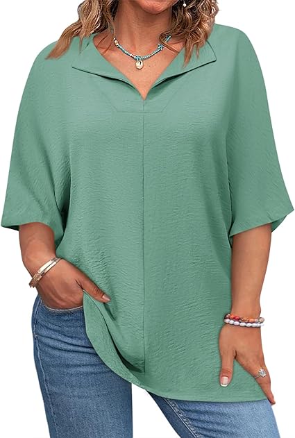 Plus Size Tops for Womens 2025 V Neck 3/4 Sleeve T-Shirts Summer Loose Blouses（BUY 3 FREE SHIPPING)