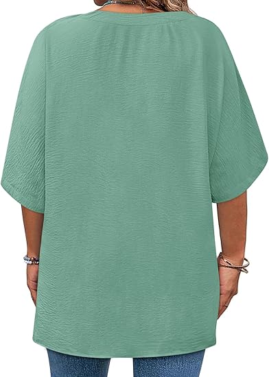 Plus Size Tops for Womens 2025 V Neck 3/4 Sleeve T-Shirts Summer Loose Blouses（BUY 3 FREE SHIPPING)