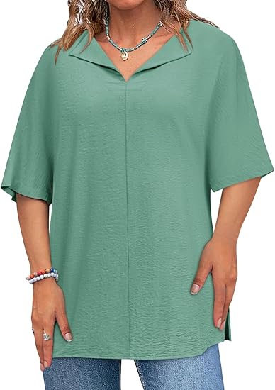 Plus Size Tops for Womens 2025 V Neck 3/4 Sleeve T-Shirts Summer Loose Blouses（BUY 3 FREE SHIPPING)