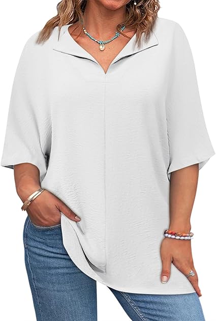 Plus Size Tops for Womens 2025 V Neck 3/4 Sleeve T-Shirts Summer Loose Blouses（BUY 3 FREE SHIPPING)