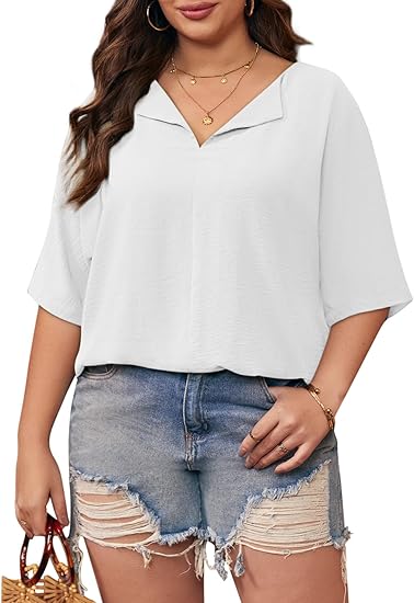 Plus Size Tops for Womens 2025 V Neck 3/4 Sleeve T-Shirts Summer Loose Blouses（BUY 3 FREE SHIPPING)
