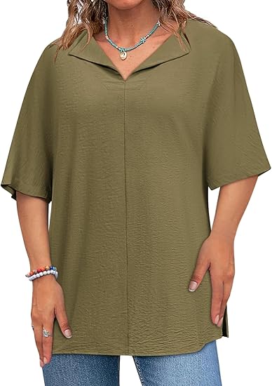 Plus Size Tops for Womens 2025 V Neck 3/4 Sleeve T-Shirts Summer Loose Blouses（BUY 3 FREE SHIPPING)