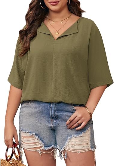 Plus Size Tops for Womens 2025 V Neck 3/4 Sleeve T-Shirts Summer Loose Blouses（BUY 3 FREE SHIPPING)