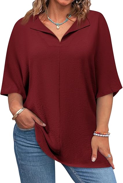 Plus Size Tops for Womens 2025 V Neck 3/4 Sleeve T-Shirts Summer Loose Blouses（BUY 3 FREE SHIPPING)