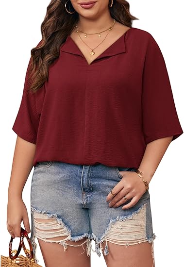 Plus Size Tops for Womens 2025 V Neck 3/4 Sleeve T-Shirts Summer Loose Blouses（BUY 3 FREE SHIPPING)