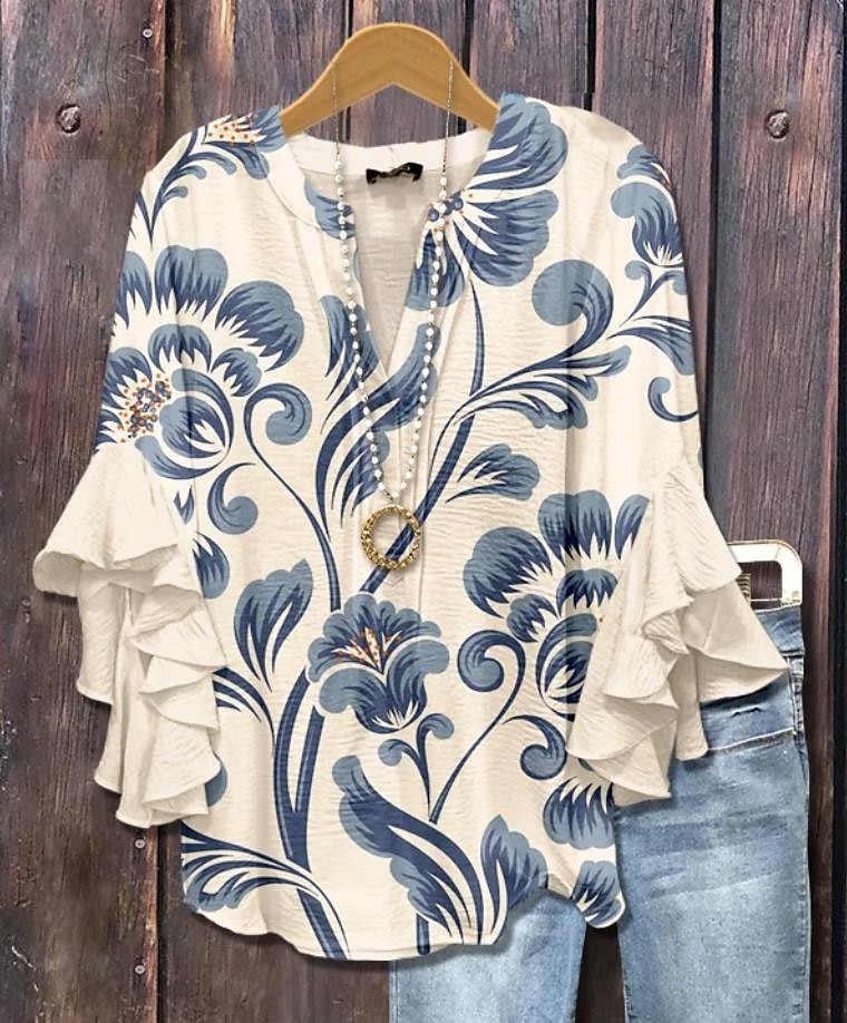 🔥Women's Mixed Floral Print Ruffle Bell Sleeve Top(BUY 2 FREE SHIPPING)