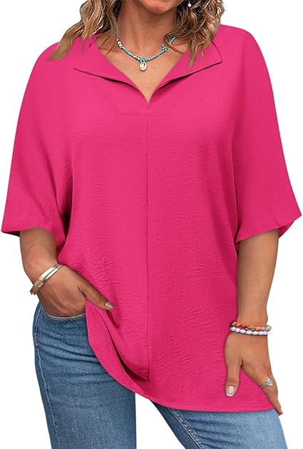 Plus Size Tops for Womens 2025 V Neck 3/4 Sleeve T-Shirts Summer Loose Blouses（BUY 3 FREE SHIPPING)