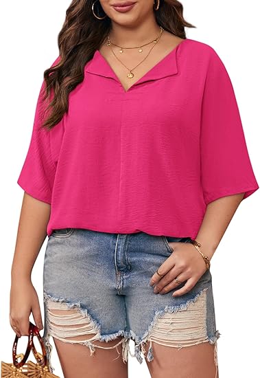 Plus Size Tops for Womens 2025 V Neck 3/4 Sleeve T-Shirts Summer Loose Blouses（BUY 3 FREE SHIPPING)