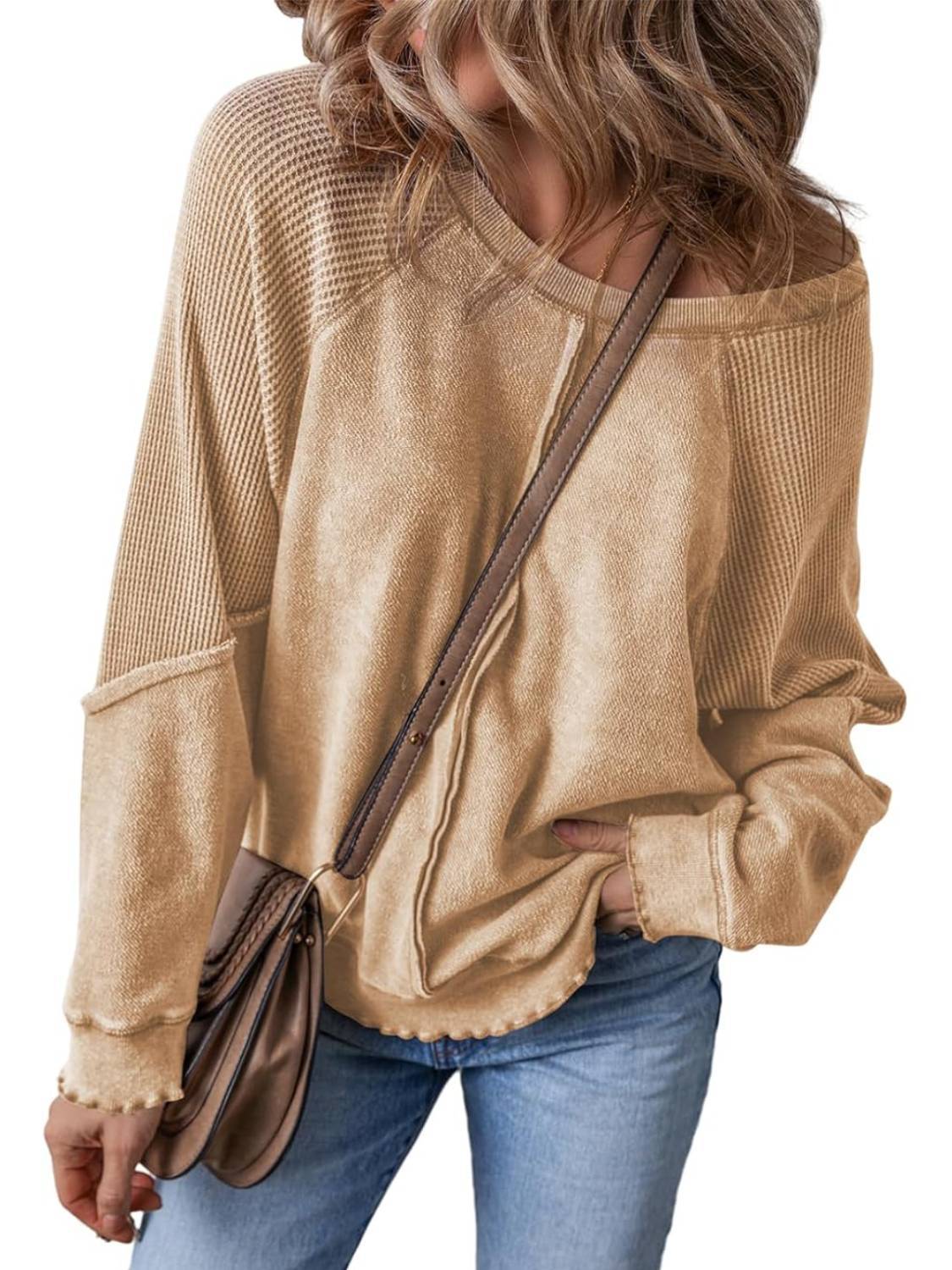 Womens Crewneck Long Sleeve Waffle Knit Sweatshirt(Buy 2 Free Shipping)