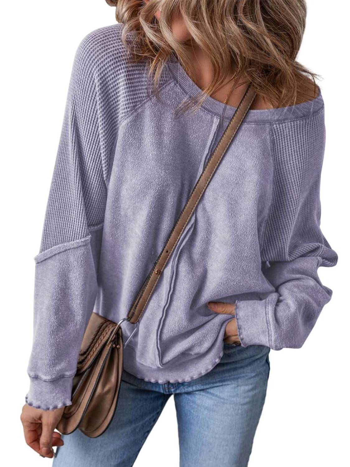 Womens Crewneck Long Sleeve Waffle Knit Sweatshirt(Buy 2 Free Shipping)