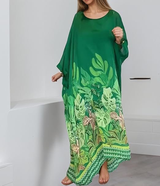 Women's Plus Size Batwing Sleeve Bohemian Print Round Neck Maxi Dress（BUY 2 FREE SHIPPING)