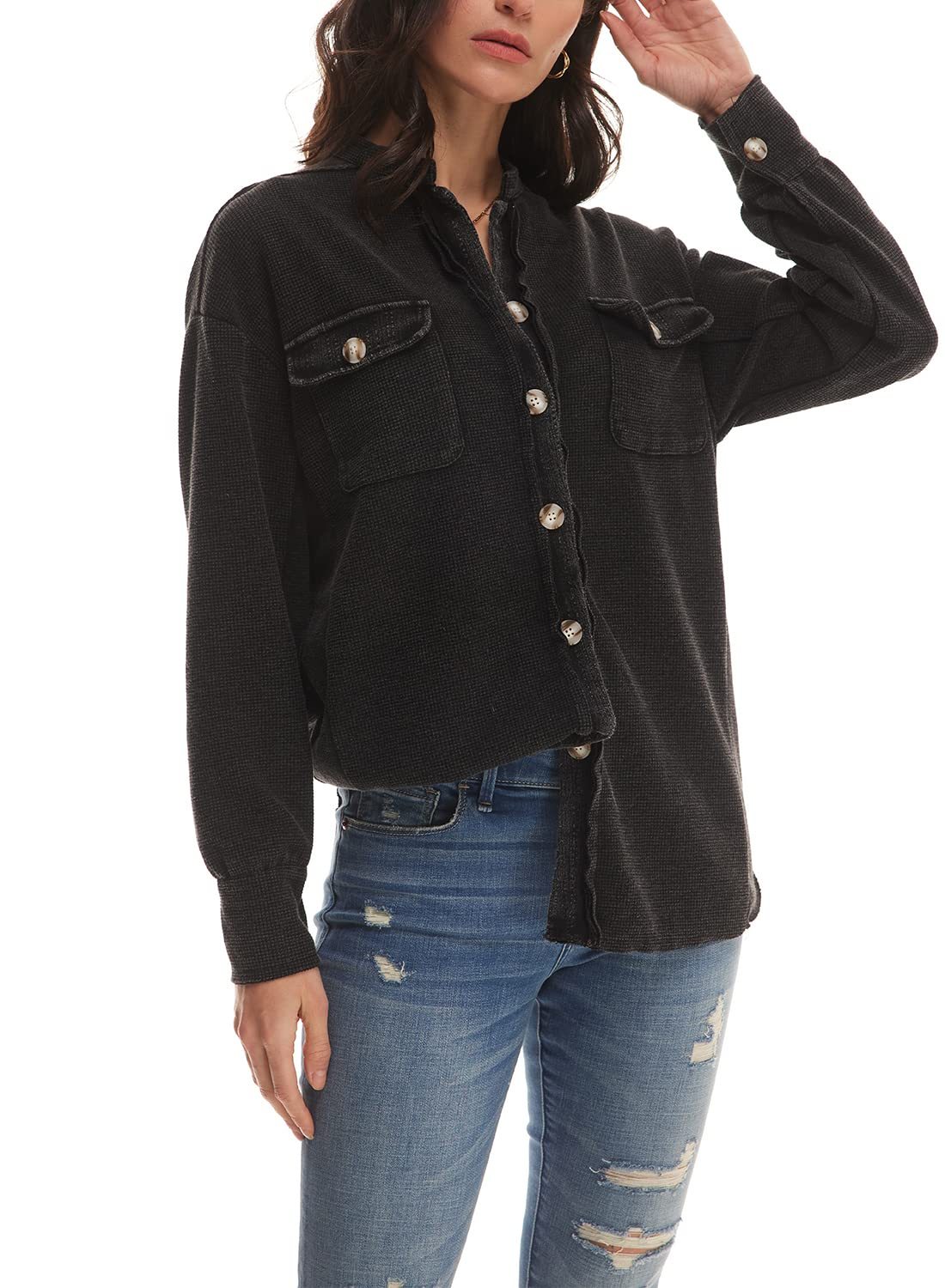 Women's Loose Fit Batwing Sleeve Waffle Knit Button Down Shirt Shacket Tops(BUY 2 FREE SHIPPING)