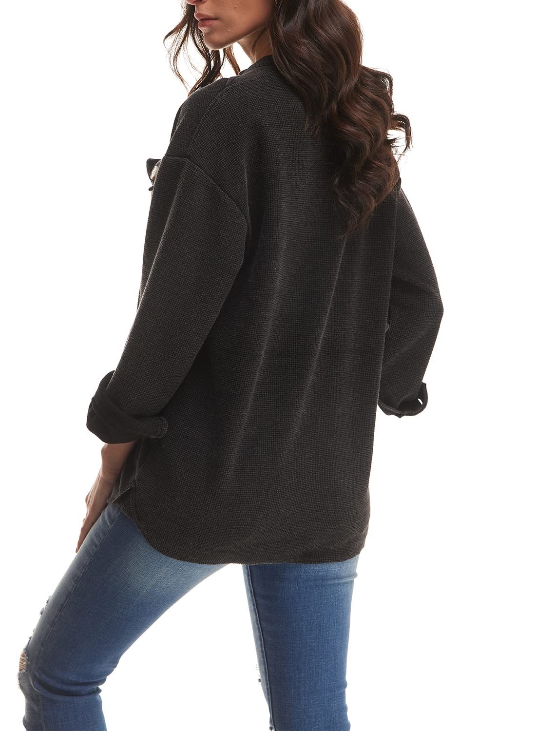 Women's Loose Fit Batwing Sleeve Waffle Knit Button Down Shirt Shacket Tops(BUY 2 FREE SHIPPING)