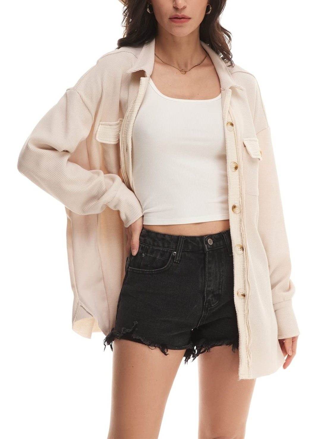 Women's Loose Fit Batwing Sleeve Waffle Knit Button Down Shirt Shacket Tops(BUY 2 FREE SHIPPING)