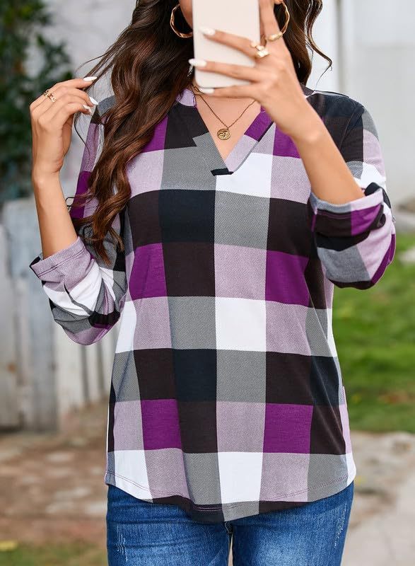 Women's V Neck Plaid Print Cuffed Long Sleeve Shirt(BUY 2 FREE SHIPPING)