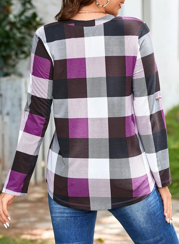 Women's V Neck Plaid Print Cuffed Long Sleeve Shirt(BUY 2 FREE SHIPPING)