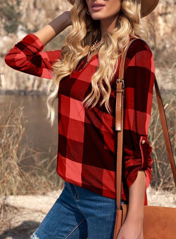 Women's V Neck Plaid Print Cuffed Long Sleeve Shirt(BUY 2 FREE SHIPPING)