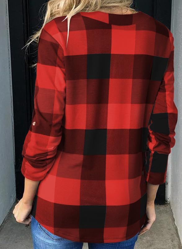 Women's V Neck Plaid Print Cuffed Long Sleeve Shirt(BUY 2 FREE SHIPPING)