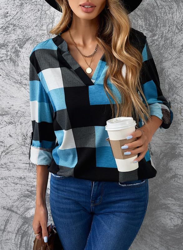 Women's V Neck Plaid Print Cuffed Long Sleeve Shirt(BUY 2 FREE SHIPPING)