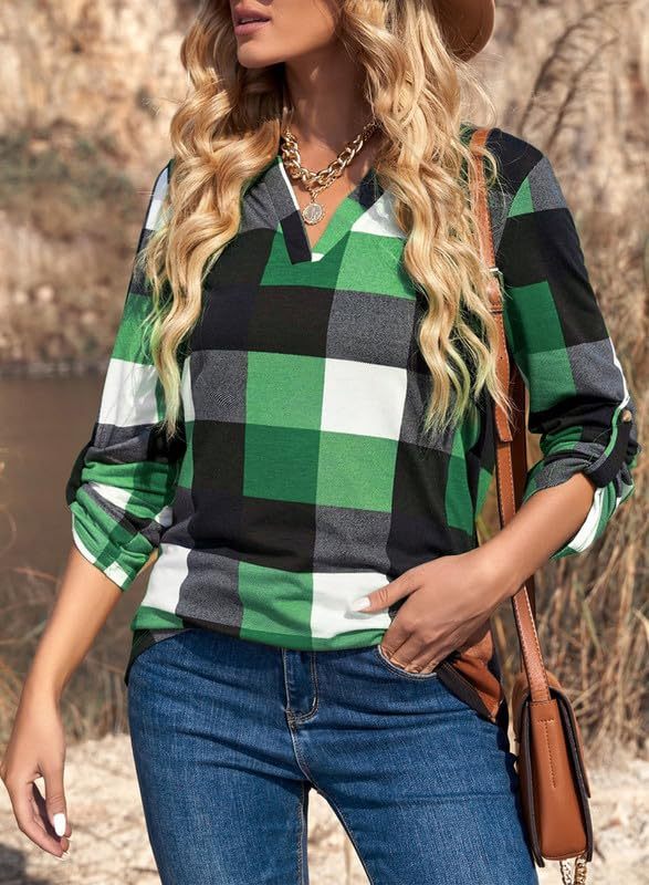 Women's V Neck Plaid Print Cuffed Long Sleeve Shirt(BUY 2 FREE SHIPPING)