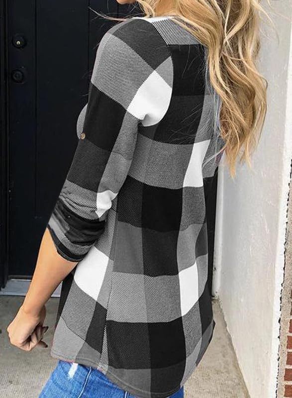 Women's V Neck Plaid Print Cuffed Long Sleeve Shirt(BUY 2 FREE SHIPPING)