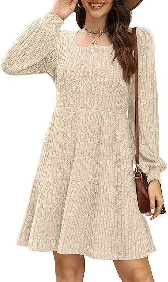 Womens Square Neck Long Sleeve Fall Dresses Casual Babydoll Sweater Dress（BUY 2 FREE SHIPPING)
