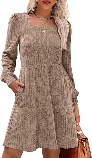 Womens Square Neck Long Sleeve Fall Dresses Casual Babydoll Sweater Dress（BUY 2 FREE SHIPPING)
