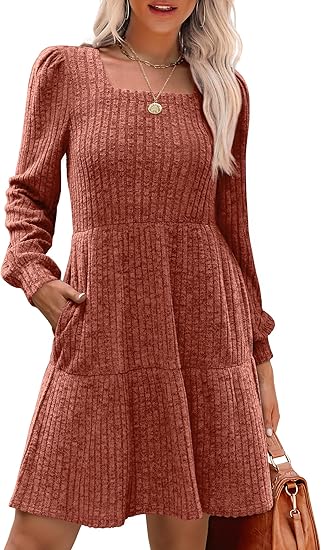 Womens Square Neck Long Sleeve Fall Dresses Casual Babydoll Sweater Dress（BUY 2 FREE SHIPPING)