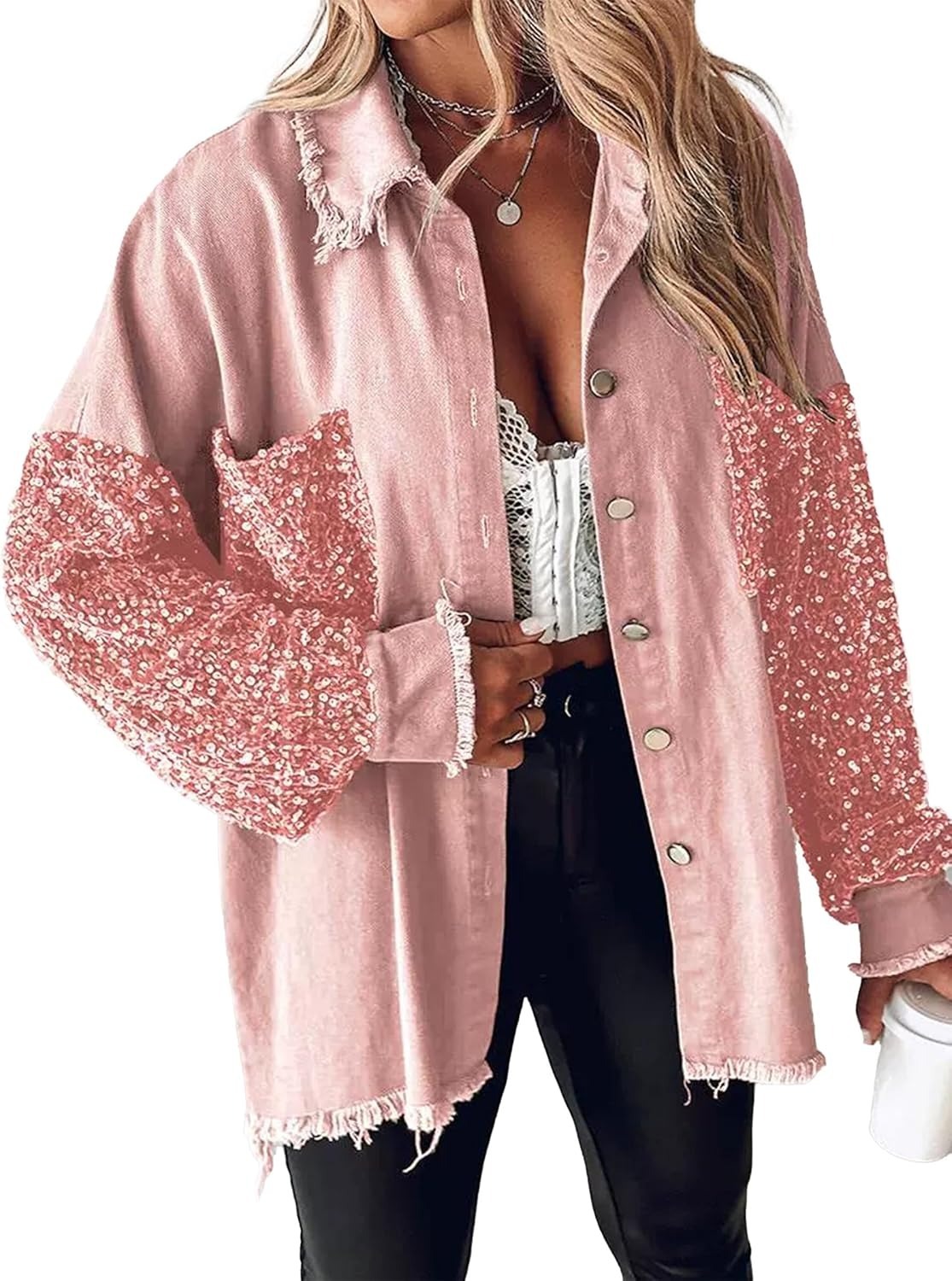 Women's Oversized Sequin Patchwork Long Sleeve Button Front Denim Jacket