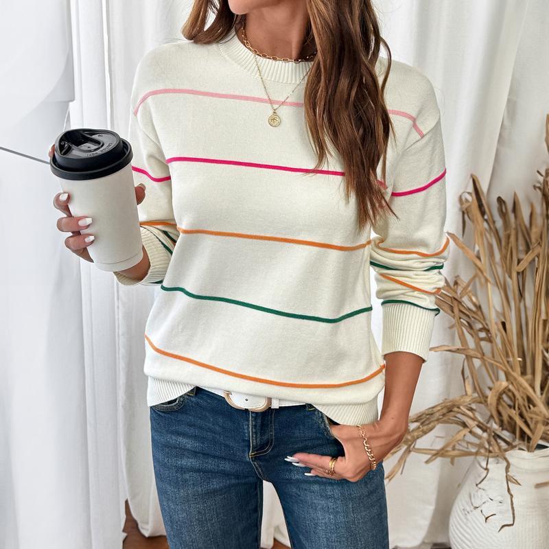 Women's Striped Sweater Cozy Soft Ribbed Knit Crew Neck Long Sleeve