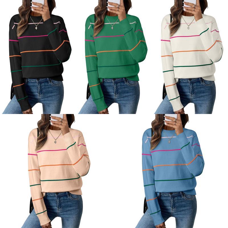 Women's Striped Sweater Cozy Soft Ribbed Knit Crew Neck Long Sleeve
