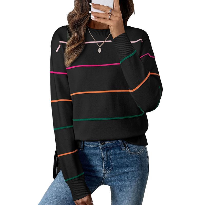 Women's Striped Sweater Cozy Soft Ribbed Knit Crew Neck Long Sleeve