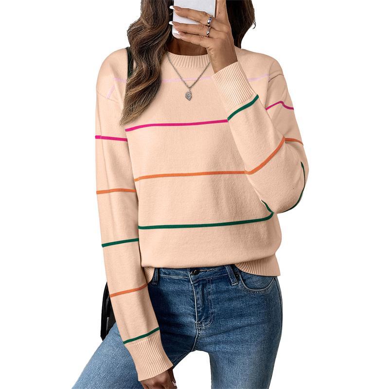 Women's Striped Sweater Cozy Soft Ribbed Knit Crew Neck Long Sleeve