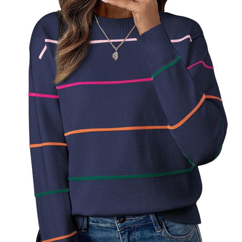 Women's Striped Sweater Cozy Soft Ribbed Knit Crew Neck Long Sleeve