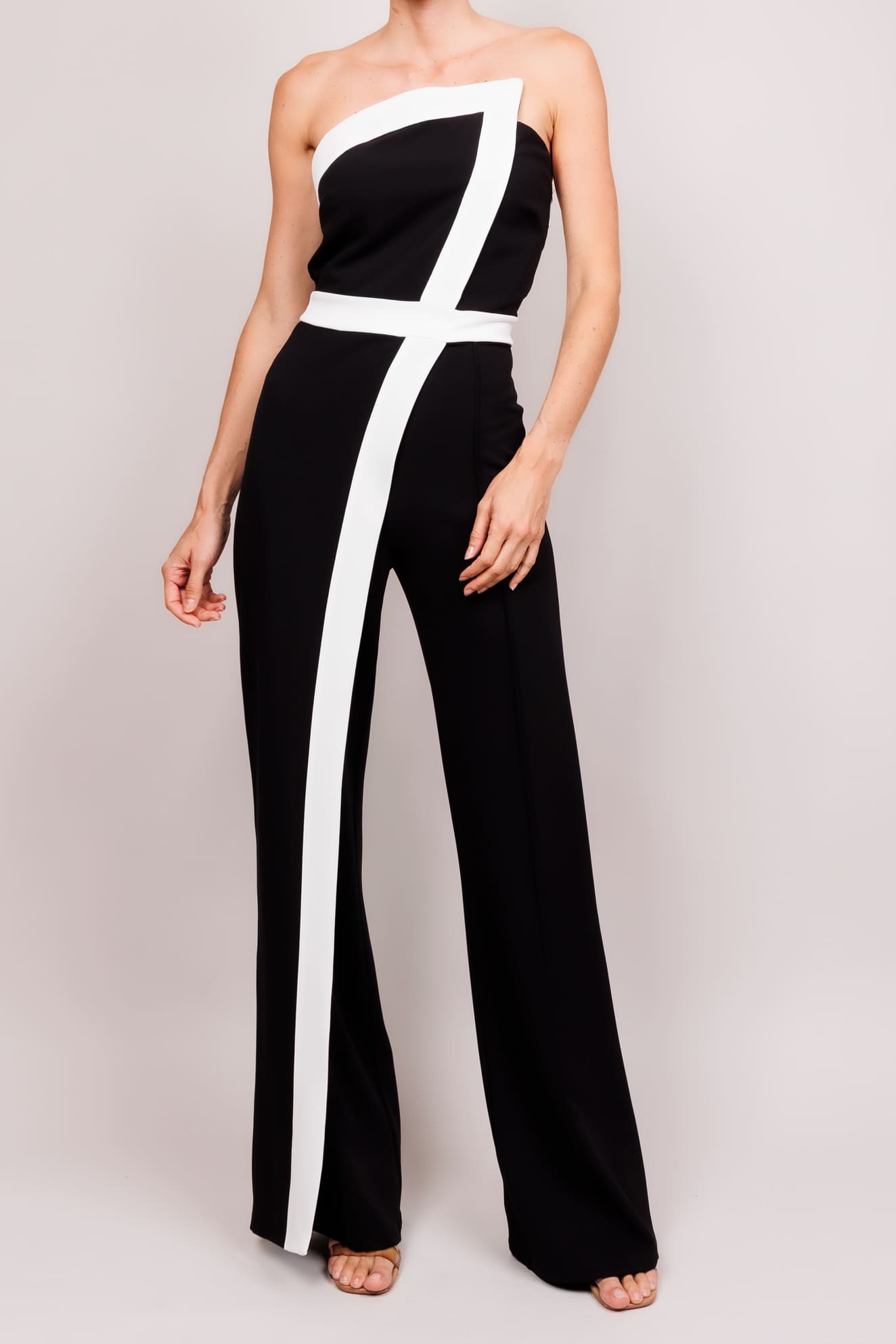 White twill black off-the-shoulder jumpsuit