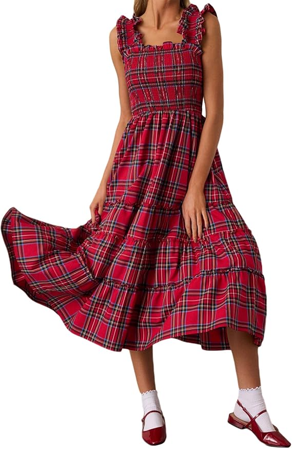 Sleeveless Plaid Print Ruffled A-Line Maxi Dress（BUY 2 FREE SHIPPING)