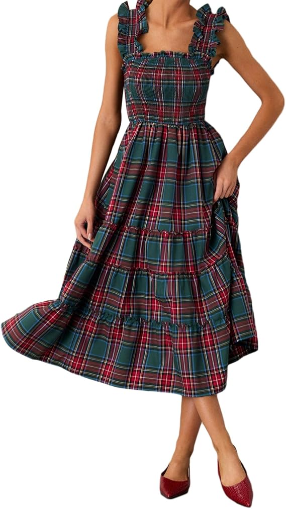 Sleeveless Plaid Print Ruffled A-Line Maxi Dress（BUY 2 FREE SHIPPING)