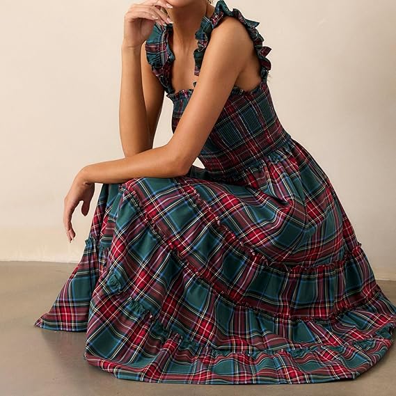 Sleeveless Plaid Print Ruffled A-Line Maxi Dress（BUY 2 FREE SHIPPING)