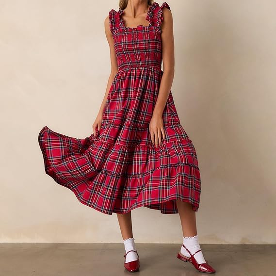 Sleeveless Plaid Print Ruffled A-Line Maxi Dress（BUY 2 FREE SHIPPING)