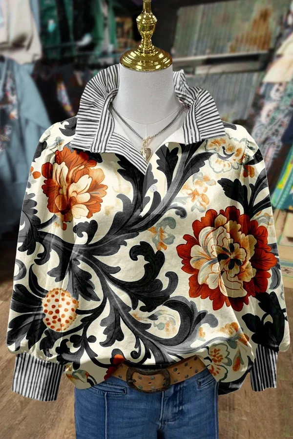 Vintage Floral Print Striped Collar Top(Buy 2 Free Shipping)