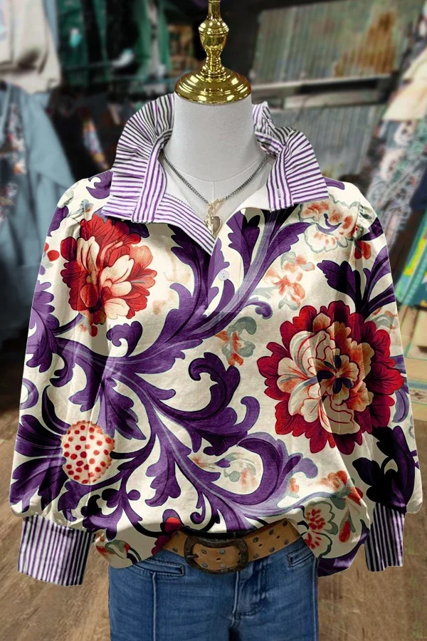 Vintage Floral Print Striped Collar Top(Buy 2 Free Shipping)
