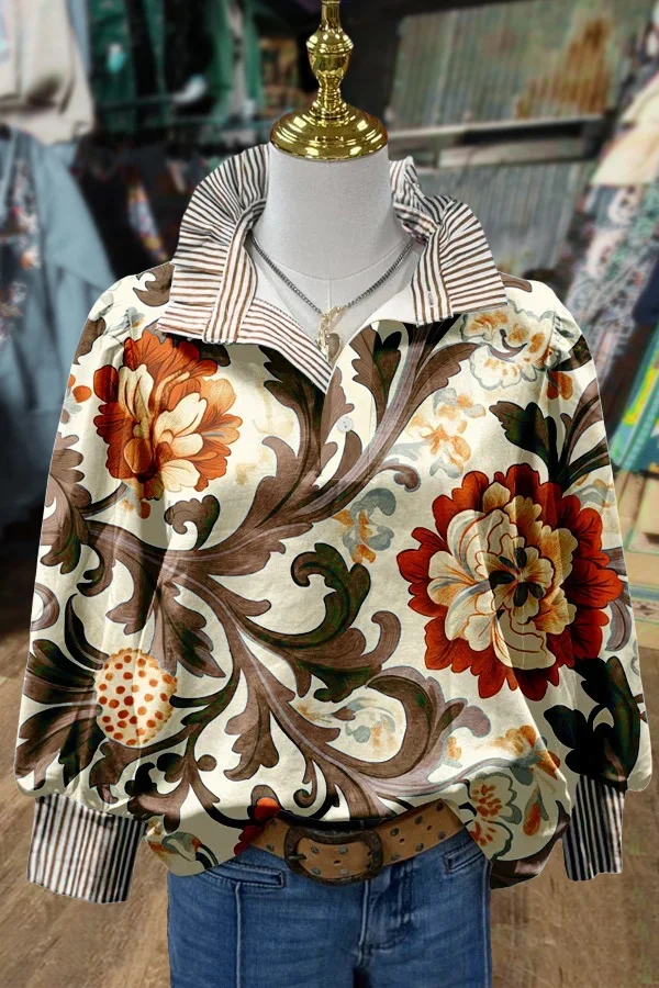 Vintage Floral Print Striped Collar Top(Buy 2 Free Shipping)