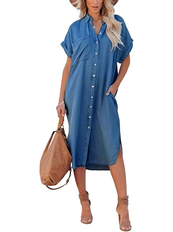 Women's Casual Button-Up Side Slit Faux Denim Short Sleeve Midi Shirt Dress with Pockets(BUY 2 FREE SHIPPING)