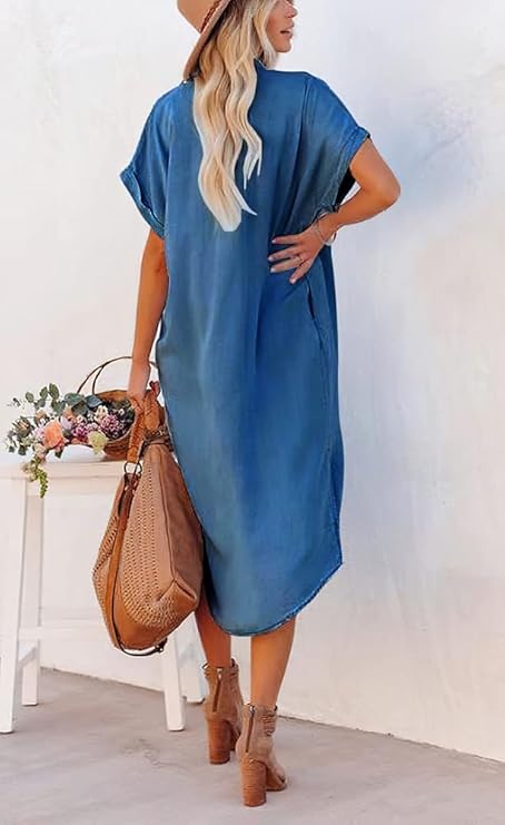 Women's Casual Button-Up Side Slit Faux Denim Short Sleeve Midi Shirt Dress with Pockets(BUY 2 FREE SHIPPING)