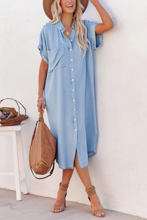 Women's Casual Button-Up Side Slit Faux Denim Short Sleeve Midi Shirt Dress with Pockets(BUY 2 FREE SHIPPING)