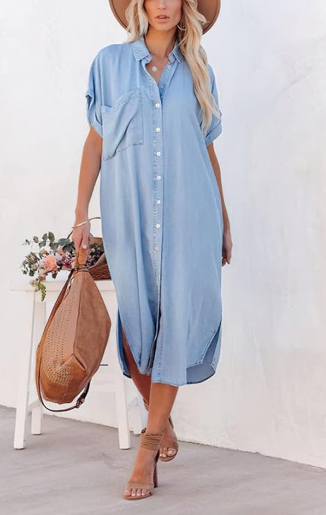 Women's Casual Button-Up Side Slit Faux Denim Short Sleeve Midi Shirt Dress with Pockets(BUY 2 FREE SHIPPING)