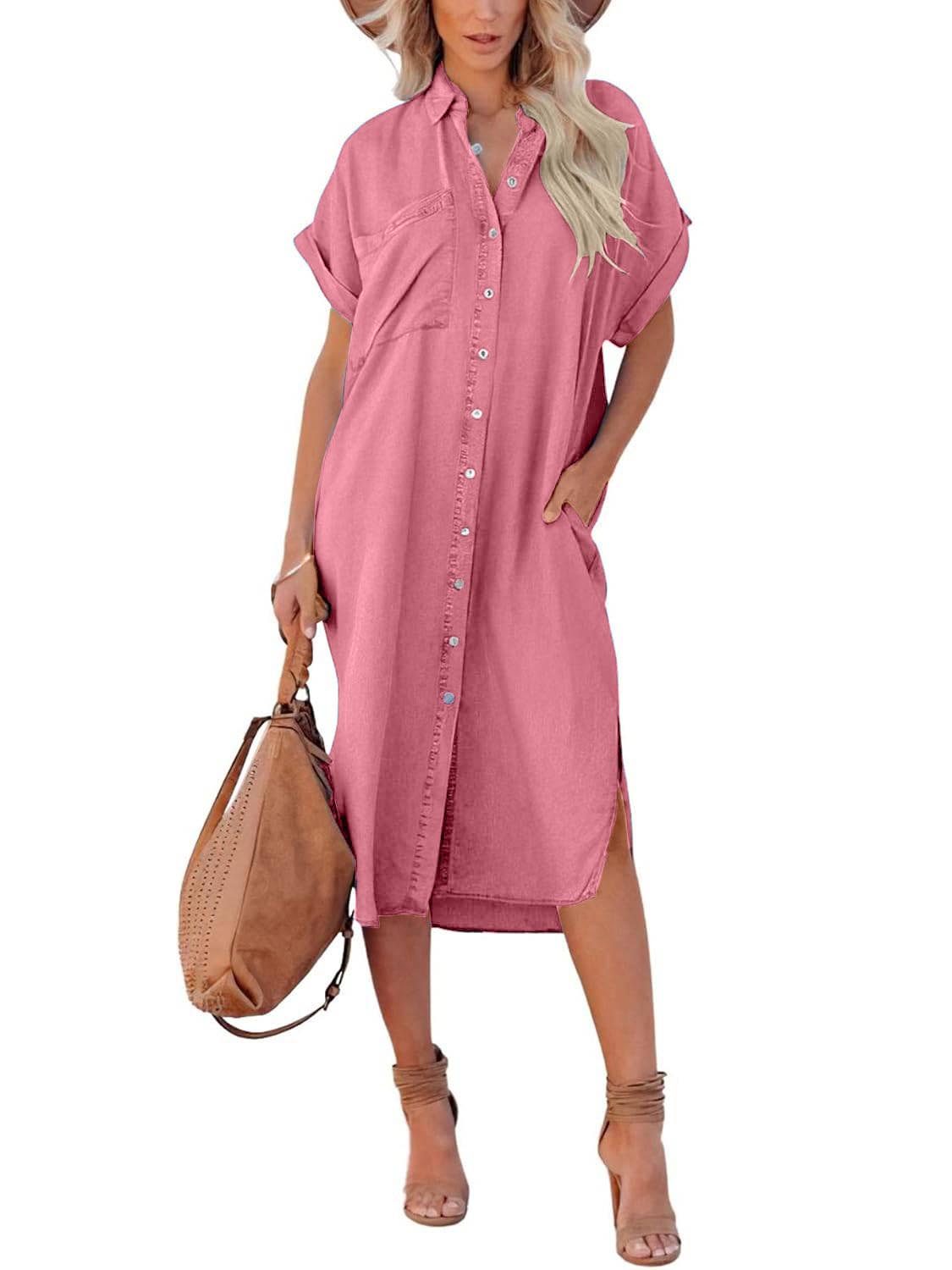 Women's Casual Button-Up Side Slit Faux Denim Short Sleeve Midi Shirt Dress with Pockets(BUY 2 FREE SHIPPING)
