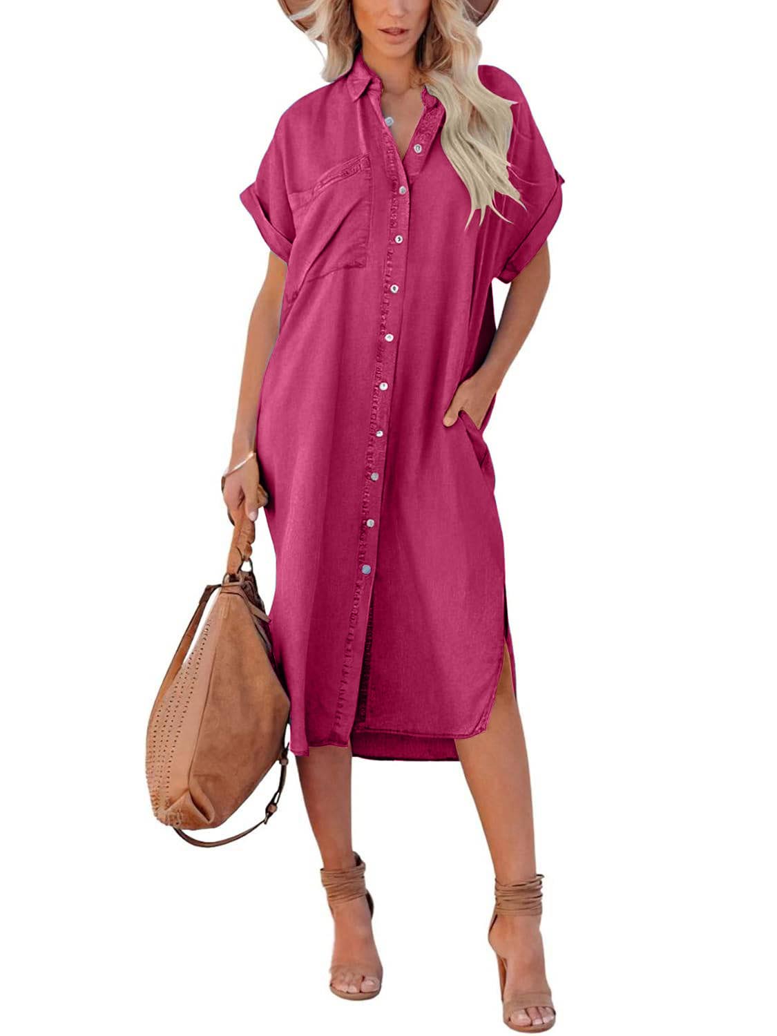 Women's Casual Button-Up Side Slit Faux Denim Short Sleeve Midi Shirt Dress with Pockets(BUY 2 FREE SHIPPING)