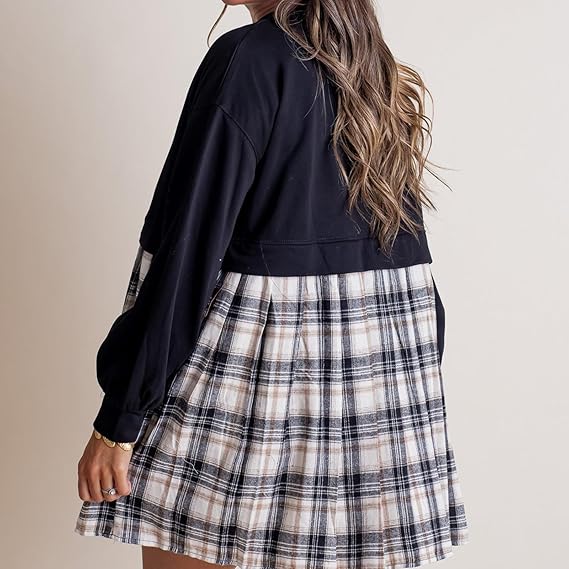 Women's Patchwork Plaid Round Neck Pullover Long Sleeve Short Skirt
