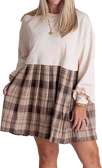 Women's Patchwork Plaid Round Neck Pullover Long Sleeve Short Skirt